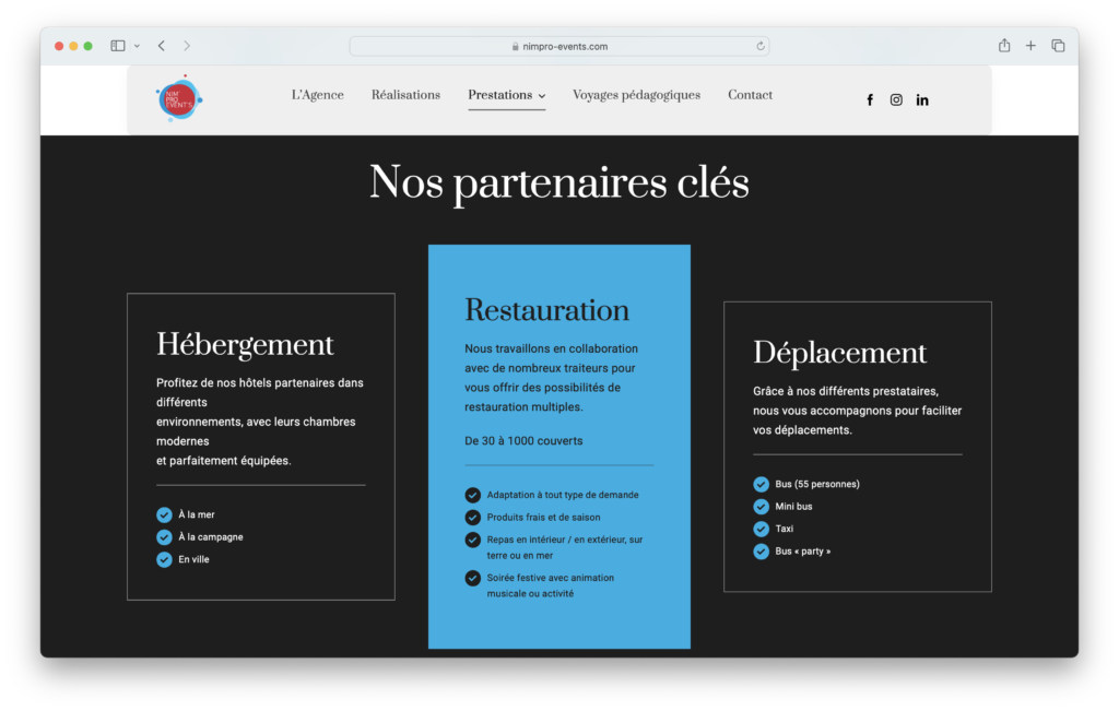 Site Nim'Pro Event's - Agence Altis Digital